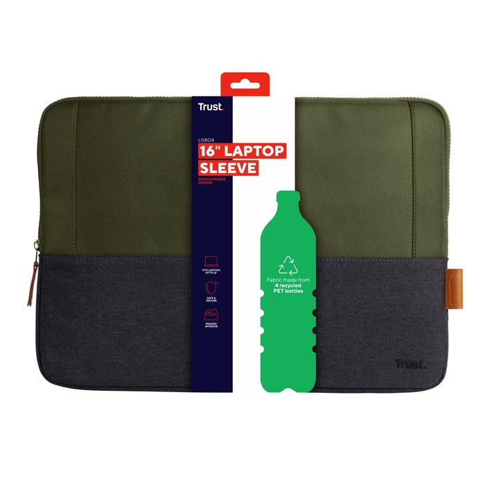 Trust Lisboa Funda para Portátil hasta 16", Sleeve Acolchada Verde, Tejido de Poliéster Reciclado (4 Botellas PET) - Resistente a Golpes y Agua - Ref: 25247