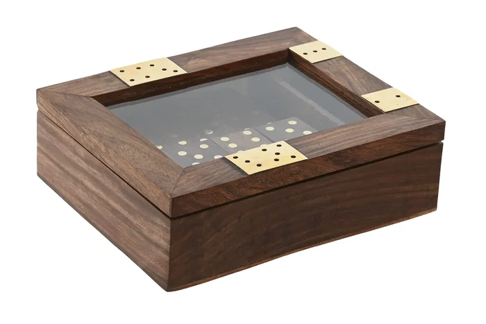 DKD Home Decor Set de 3 Piezas Sheesham y Cristal (2 Juegos) de 15x12,5x4,6 cm de colores Marrón y Dorado