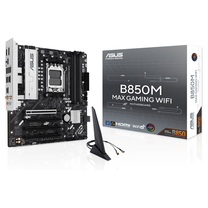 ASUS Placa Base B850M MAX GAMING WiFi, Socket AM5, Compatible con AMD Ryzen 7000/8000/9000 Series, DDR5, WiFi 6, Micro ATX ASUS Placa Base B850M MAX GAMING WiFi, Socket AM5, Compatible con AMD Ryzen 7000/8000/9000 Series, DDR5, WiFi 6, Micro ATX