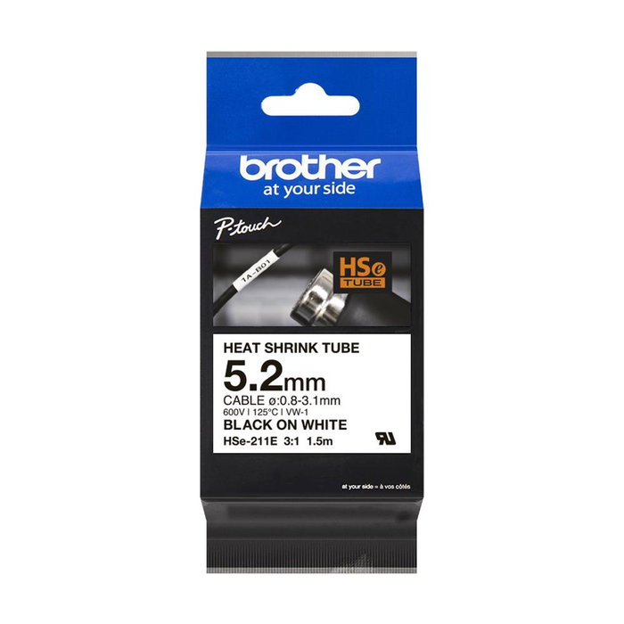 Brother HSe-211E Cinta tubo termorretráctil Negro sobre blanco Brother HSe-211E Cinta tubo termorretráctil Negro sobre blanco