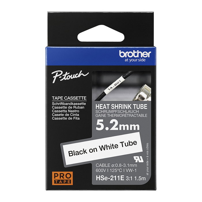 Brother HSe-211E Cinta tubo termorretráctil Negro sobre blanco Brother HSe-211E Cinta tubo termorretráctil Negro sobre blanco