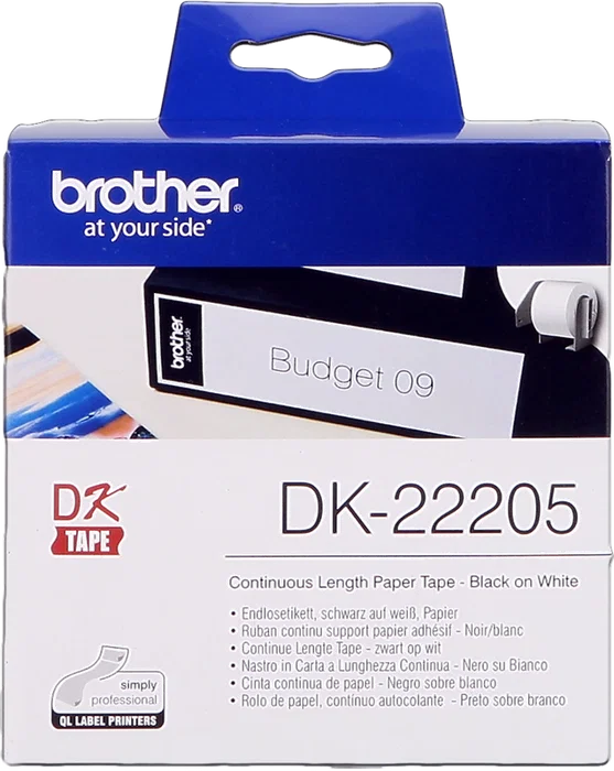 Brother DK-22205 Cinta Continua de Papel Térmico de 62mm x 30,48m, Blanco/Negro