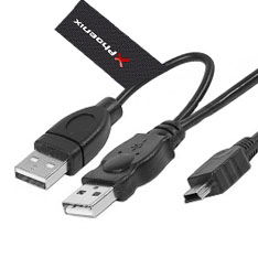Phoenix Technologies - Cable USB Y, 2 Conectores USB 2.0 Tipo A Macho a Mini USB 2.0 de 5 Pines para Alimentación y Datos