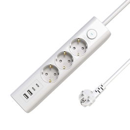 MicroConnect Regleta Schuko de 3 Vías con Interruptor On/Off, 1.5M, Blanca con 2 USB-A y 2 USB-C