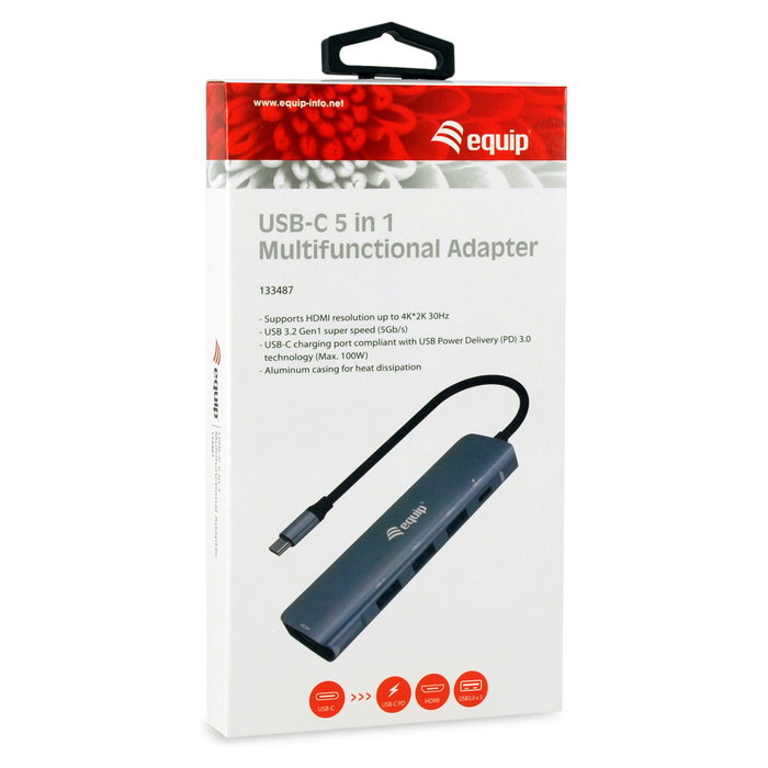Equip Adaptador USB-C a HDMI, USB 3.0, PD, 4K@30Hz, Cable 0.15m Gris