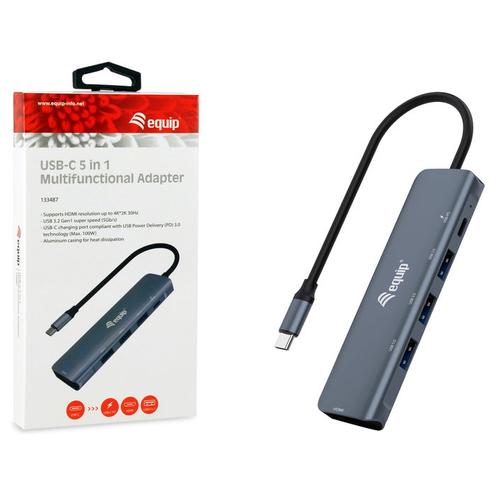 Equip Adaptador USB-C a HDMI, USB 3.0, PD, 4K@30Hz, Cable 0.15m Gris