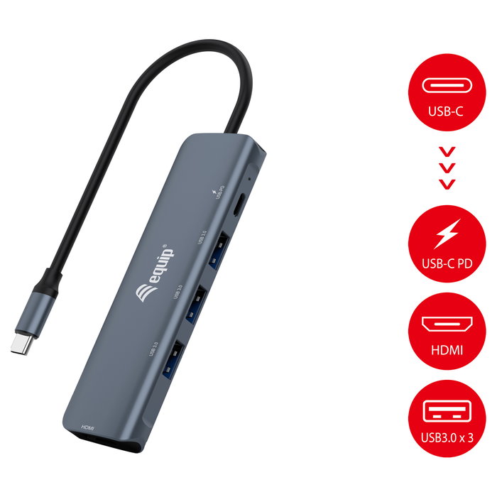 Equip Adaptador USB-C a HDMI, USB 3.0, PD, 4K@30Hz, Cable 0.15m Gris