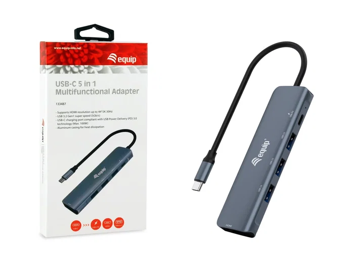 Equip 133487 Hub USB-C a HDMI 5 en 1 - Adaptador con 3 Puertos USB 3.0, Carga PD 100W, Resolución 4K/30Hz, Cable 0.25m, Aluminio - Negro/Gris