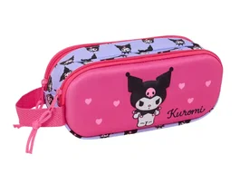 Safta Estuche Portatodo Escolar Kuromi Doble con Diseño 3D, Dimensiones 80x210x60 mm, Dos Cremeralleras