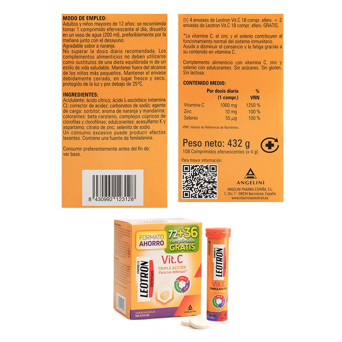 LEOTRON Vitamina C Triple Acción Comprimidos Efervescentes Naranja - 72 + 36 de Regalo - 108 Unidades Total