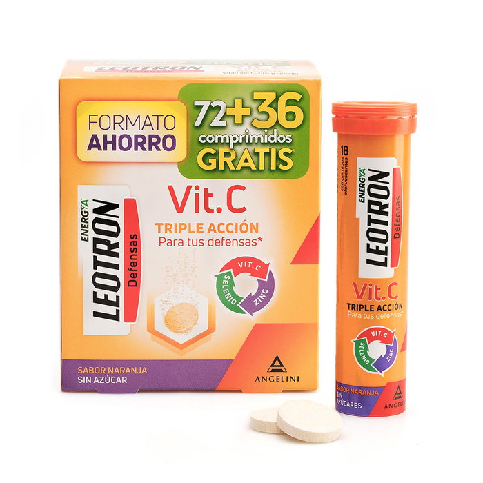 LEOTRON Vitamina C Triple Acción Comprimidos Efervescentes Naranja - 72 + 36 de Regalo - 108 Unidades Total