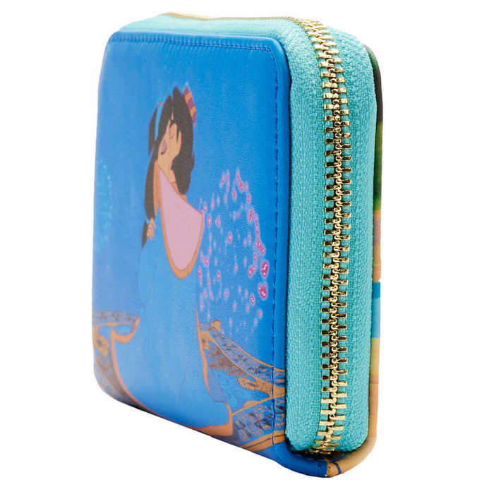 Loungefly Cartera con cremallera Jasmine Aladdin Disney Princesa, Cartera de cuero vegano con estampado