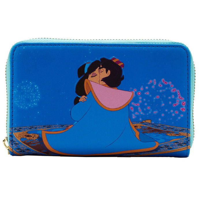 Loungefly Cartera con cremallera Jasmine Aladdin Disney Princesa, Cartera de cuero vegano con estampado