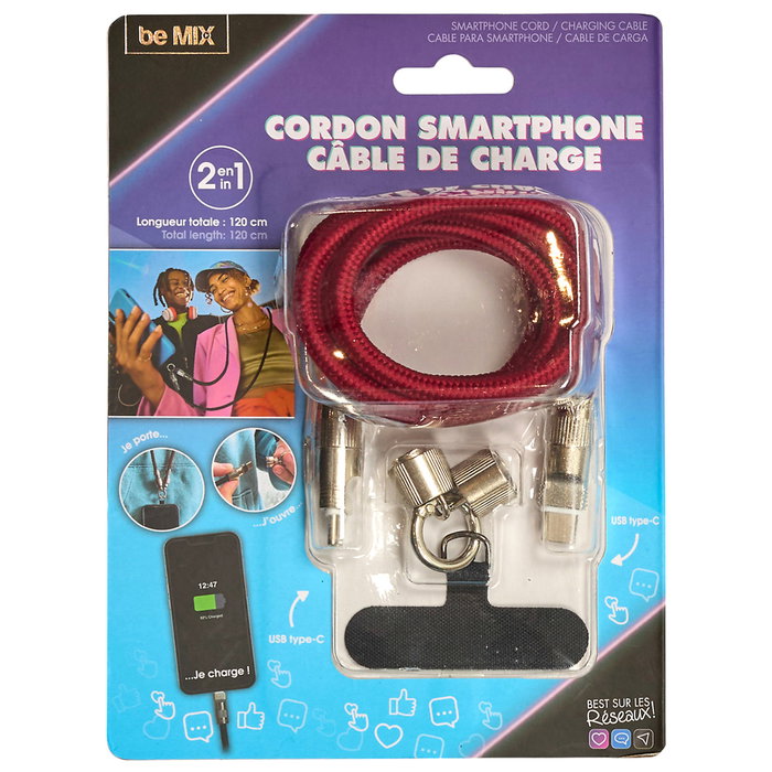 Be Mix Correa y Cable de Carga 2 en 1 USB Tipo C, 120 cm, Colores Surtidos (Rojo, Negro) Be Mix Correa y Cable de Carga 2 en 1 USB Tipo C, 120 cm, Colores Surtidos (Rojo, Negro)