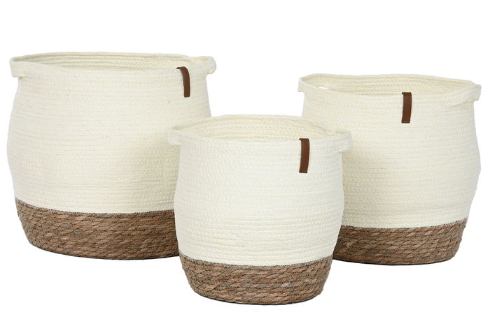 DKD Home Decor Set de 3 (2 Unidades) Cesta Crema Natural Fibra y Pu 34 x 34 x 34 cm