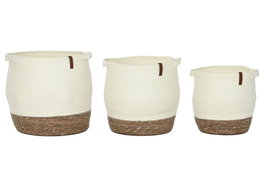 DKD Home Decor Set de 3 Cestas de Fibra y PU Crema