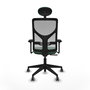 Silla de oficina Motilla con mecanismo Sincro tapizada con Tela color Verde esmeralda y malla color Gris. Equipada con lumbar 1D, Brazos 3D, Cabecero Fijo y Ruedas 65 mm parqué