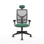 Silla de oficina Motilla con mecanismo Sincro tapizada con Tela color Verde esmeralda y malla color Gris. Equipada con lumbar 1D, Brazos 3D, Cabecero Fijo y Ruedas 65 mm parqué