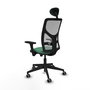 Silla de oficina Motilla con mecanismo Sincro tapizada con Tela color Verde esmeralda y malla color Gris. Equipada con lumbar 1D, Brazos 3D, Cabecero Fijo y Ruedas 65 mm parqué