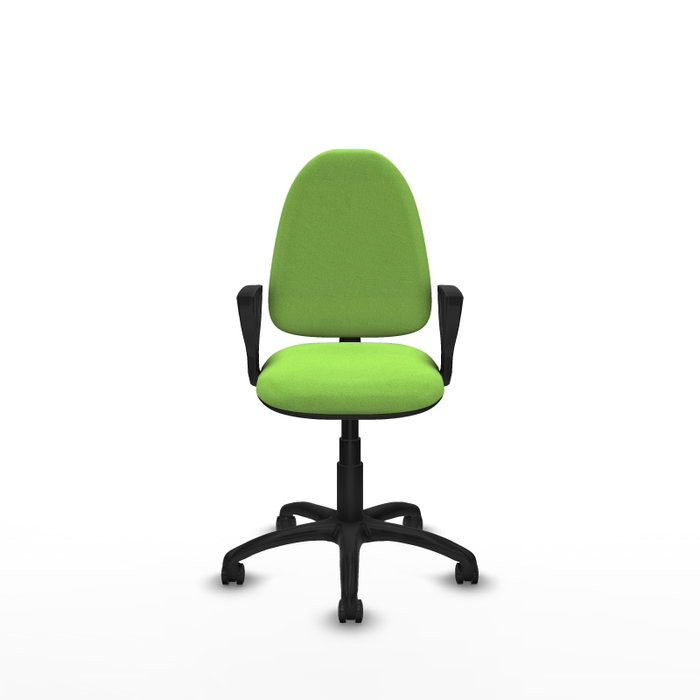 Silla de oficina Aýna con mecanismo Contacto permanente básico tapizada con Tela color Pistacho. Equipada con Base poliamida negra, Brazos fijos y Ruedas autofrenantes