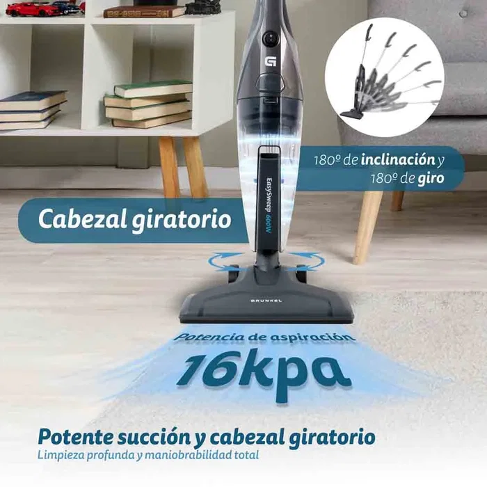 Grunkel ASP-EASY Aspiradora Escoba con Cable 600W, Filtro HEPA, Sin Bolsa 0.95L, 16000Pa, Color Azul
