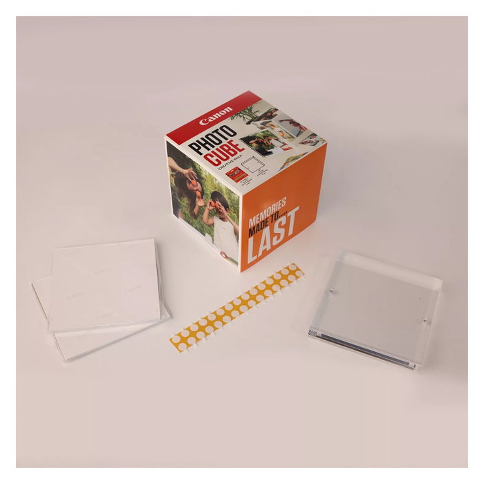 Canon Photo Cube Creative Pack con Papel Fotográfico Brillo II y Marco XLBoom, 40 Hojas 13x13 cm, Blanco y Naranja