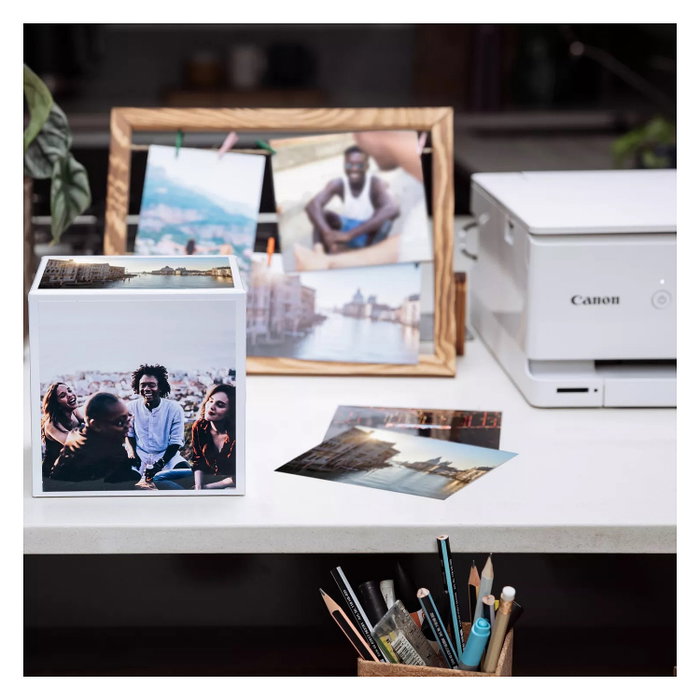 Canon Photo Cube Creative Pack con Papel Fotográfico Brillo II y Marco XLBoom, 40 Hojas 13x13 cm, Blanco y Naranja