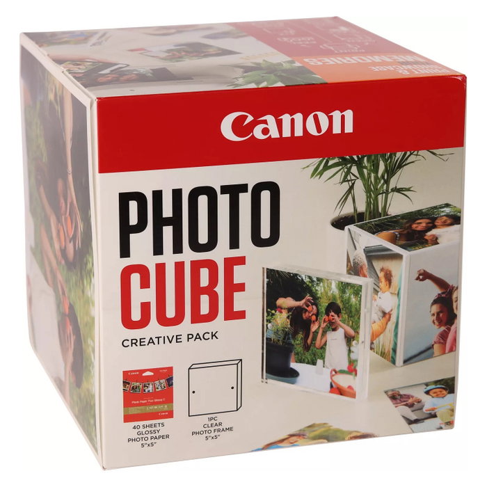 Canon Photo Cube Creative Pack con Papel Fotográfico Brillo II y Marco XLBoom, 40 Hojas 13x13 cm, Blanco y Naranja