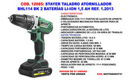 STAYER Taladro Atornillador BHL114 BPK con 2 Baterías Li-Ion 1.5 Ah