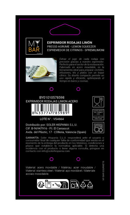 My Bar Exprimidor Rodajas Limon Acero 8.4 cm Ancho x 16.1 cm Largo x 1 cm Alto (24 Unidades)