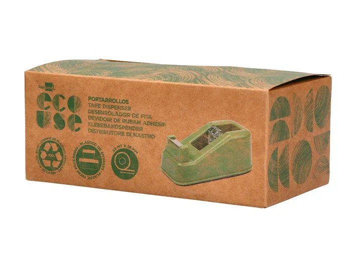 Liderpapel Portarrollo Sobremesa ECOUSE, 100% Plástico Reciclado, Base Antideslizante, Para Cinta Hasta 33 m, Verde, 125 x 64 x 49 mm