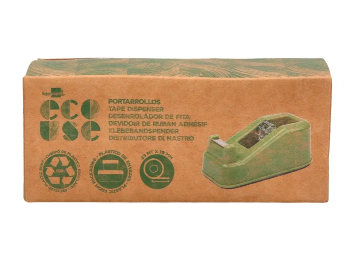 Liderpapel Portarrollo Sobremesa ECOUSE, 100% Plástico Reciclado, Base Antideslizante, Para Cinta Hasta 33 m, Verde, 125 x 64 x 49 mm