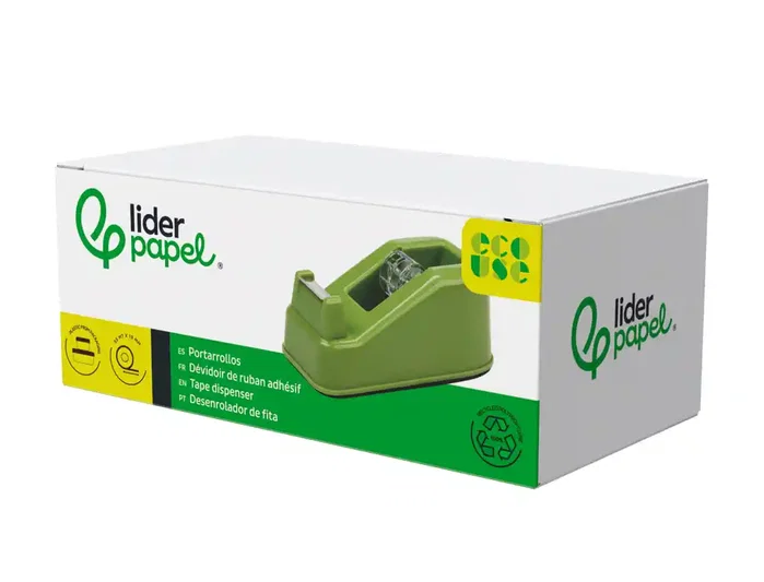 Liderpapel Portarrollo Sobremesa ECOUSE, 100% Plástico Reciclado, Base Antideslizante, Para Cinta Hasta 33 m, Verde, 125 x 64 x 49 mm Liderpapel Portarrollo Sobremesa ECOUSE, 100% Plástico Reciclado, Base Antideslizante, Para Cinta Hasta 33 m, Verde, 125 x 64 x 49 mm