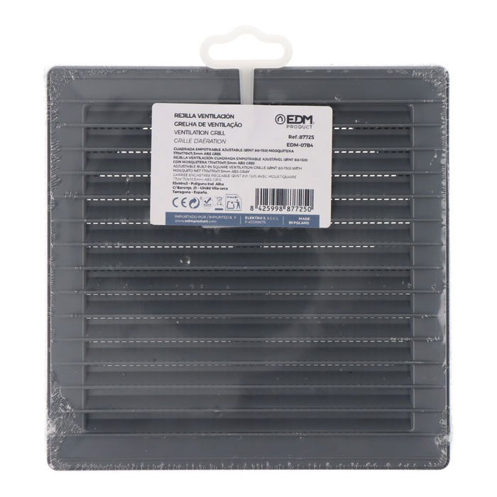 Edm Rejilla Ventilación Cuadrada Empotrable Ajustable Ø 80-150 mm 170x170x11,5mm ABS Gris con Mosquitera
