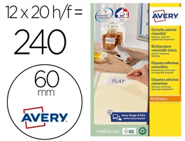 Avery Etiqueta Adhesiva Redonda Blanca 60 mm Removible para Laser Ink-jet Fotocopiadora Caja 240 Unidades