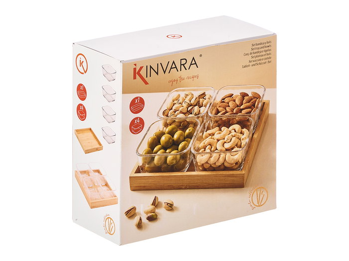 Kinvara Bandeja de Bambú con 4 Boles de Vidrio, Dimensiones 21.5x21.5x6.5 cm, Incluye Recipientes 10x10x5 cm (Set de 12) Kinvara Bandeja de Bambú con 4 Boles de Vidrio, Dimensiones 21.5x21.5x6.5 cm, Incluye Recipientes 10x10x5 cm (Set de 12)