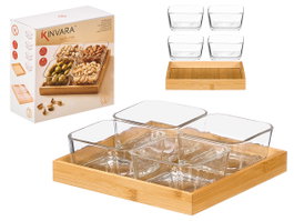 Kinvara Bandeja de Bambú con 4 Boles de Vidrio, Dimensiones 21.5x21.5x6.5 cm, Incluye Recipientes 10x10x5 cm (Set de 12)