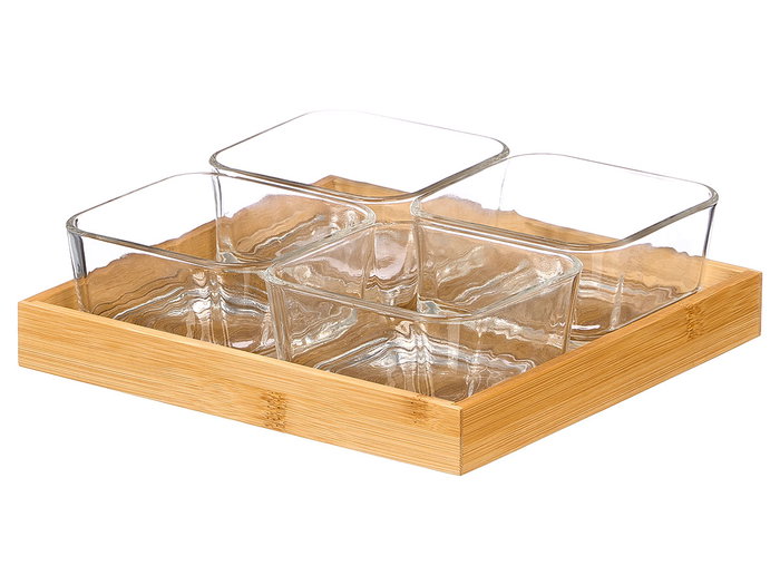 Kinvara Bandeja de Bambú con 4 Boles de Vidrio, Dimensiones 21.5x21.5x6.5 cm, Incluye Recipientes 10x10x5 cm (Set de 12) Kinvara Bandeja de Bambú con 4 Boles de Vidrio, Dimensiones 21.5x21.5x6.5 cm, Incluye Recipientes 10x10x5 cm (Set de 12)