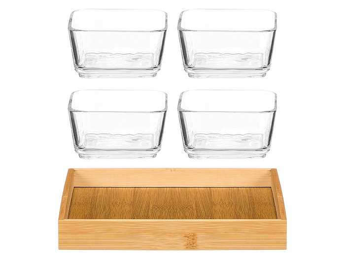 Kinvara Bandeja de Bambú con 4 Boles de Vidrio, Dimensiones 21.5x21.5x6.5 cm, Incluye Recipientes 10x10x5 cm (Set de 12) Kinvara Bandeja de Bambú con 4 Boles de Vidrio, Dimensiones 21.5x21.5x6.5 cm, Incluye Recipientes 10x10x5 cm (Set de 12)