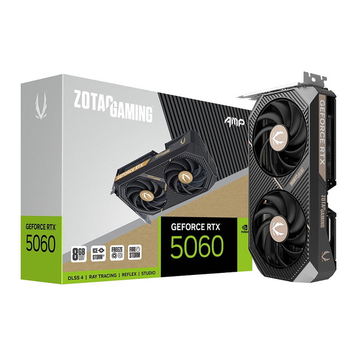 Zotac Gaming GeForce RTX 5060 AMP 8GB GDDR7 Tarjeta Gráfica, 3840 Núcleos, PCIe 5.0, 2x Ventiladores, HDMI 2.1b, 3x DisplayPort 2.1b