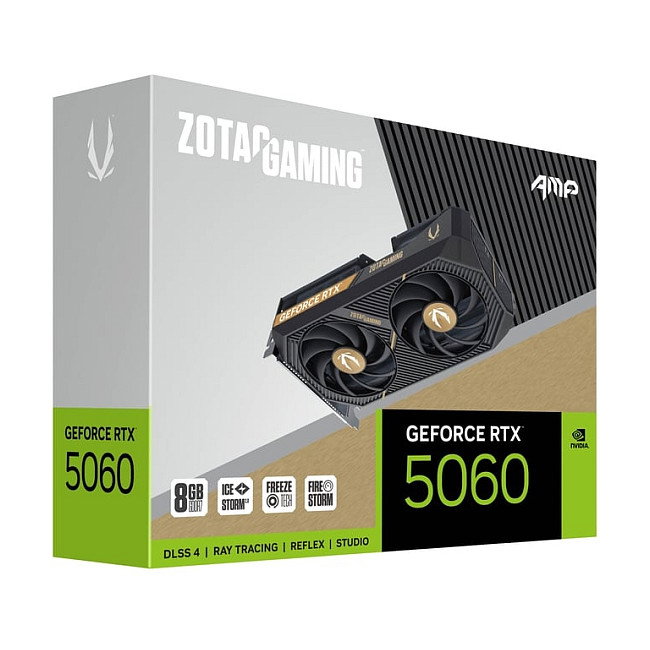 Zotac Gaming GeForce RTX 5060 AMP 8GB GDDR7 Tarjeta Gráfica, 3840 Núcleos, PCIe 5.0, 2x Ventiladores, HDMI 2.1b, 3x DisplayPort 2.1b