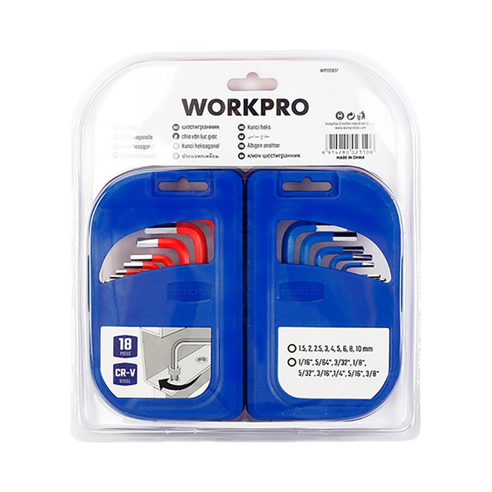 Workpro Juego de 18 Llaves Allen de Brazo Corto Métrico-SAE Workpro Juego de 18 Llaves Allen de Brazo Corto Métrico-SAE