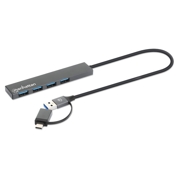 MANHATTAN Kombo-Hub 4 Puertos USB 3.0, HUB USB-C a USB-A 4x, Alimentación por USB, Aluminio Gris, 5 Gbps