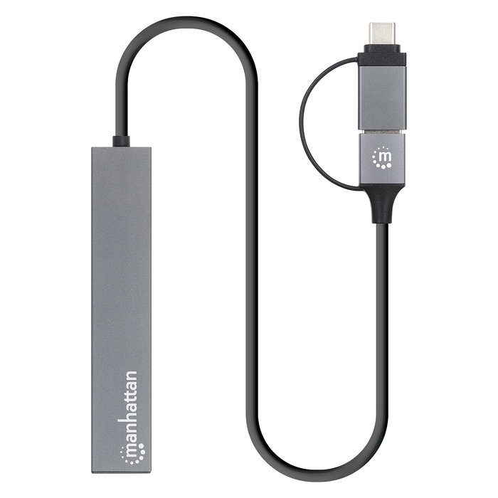 MANHATTAN Kombo-Hub 4 Puertos USB 3.0, HUB USB-C a USB-A 4x, Alimentación por USB, Aluminio Gris, 5 Gbps