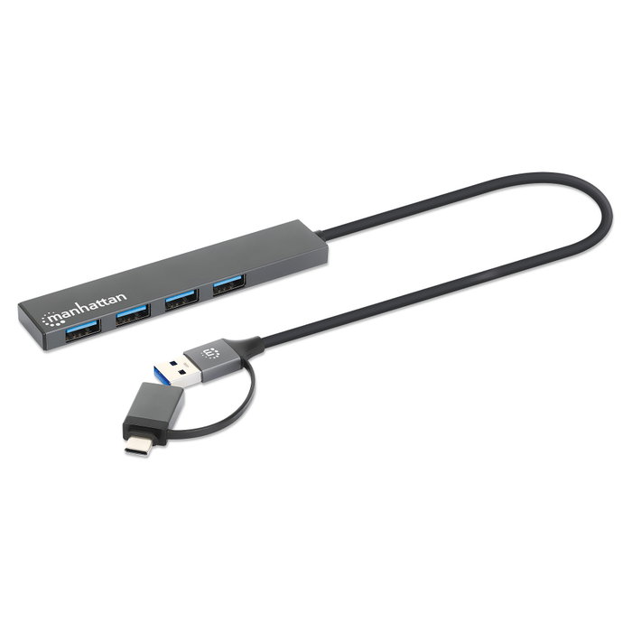 MANHATTAN Kombo-Hub 4 Puertos USB-A 3.2 Gen 1 con Conector Adaptable USB-C/USB-A, Gris