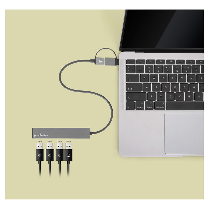 MANHATTAN Kombo-Hub 4 Puertos USB 3.0, HUB USB-C a USB-A 4x, Alimentación por USB, Aluminio Gris, 5 Gbps