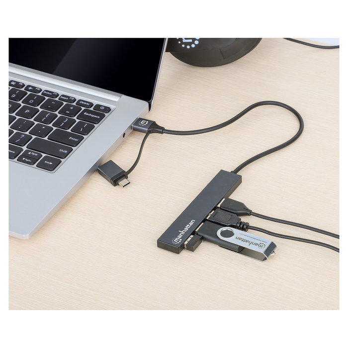 MANHATTAN Kombo-Hub 4 Puertos USB-A 3.2 Gen 1 con Conector Adaptable USB-C/USB-A, Gris