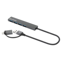 MANHATTAN Kombo-Hub 4 Puertos USB 3.0, HUB USB-C a USB-A 4x, Alimentación por USB, Aluminio Gris, 5 Gbps