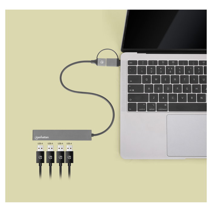 MANHATTAN Kombo-Hub 4 Puertos USB-A 3.2 Gen 1 con Conector Adaptable USB-C/USB-A, Gris