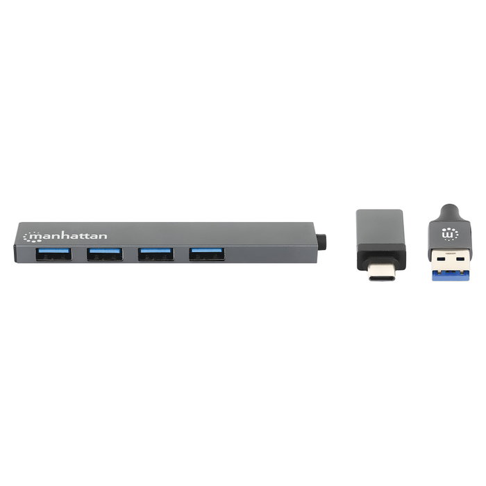 MANHATTAN Kombo-Hub 4 Puertos USB-A 3.2 Gen 1 con Conector Adaptable USB-C/USB-A, Gris